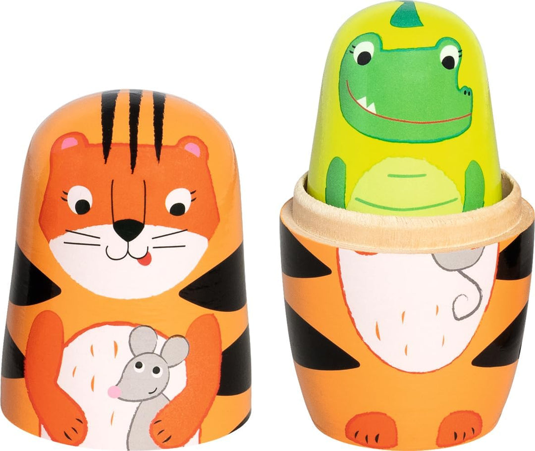 goki 60661 - Matroschka Puppen Tiger Tavi und Seine Freunde aus Holz, Tier-Stapelspiel Klassiker, Le