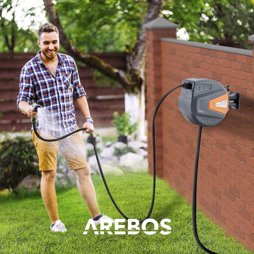 Arebos Schlauchaufroller | 30 m Schlauchtrommel | Wand-Schlauchbox mit Arretierstop & 9 Sprühunktion