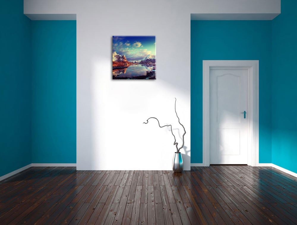 Pixxprint Schneelandschaft in einem Dorf in Norwegen, Format: 70x70 auf Leinwand, 70x70