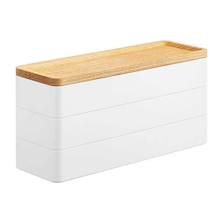 Yamazaki 5811 RIN Schlankes Schmuckkästchen mit Deckel und 3 Ebenen, weiss, ABS Harz/Holz, Minimalis