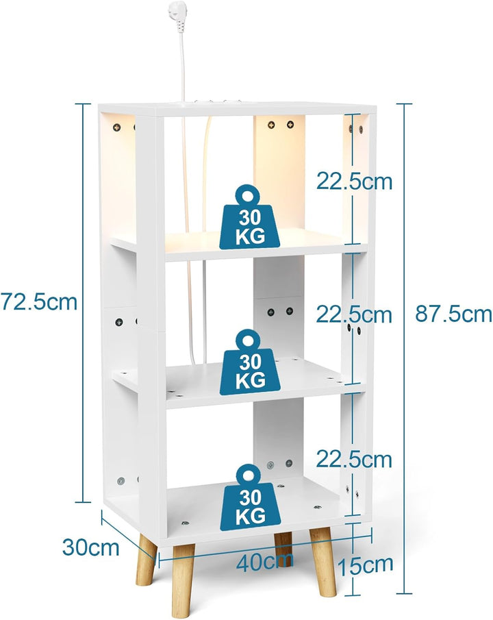Nachttisch mit LED-Leuchten und Ladestation, Beistelltisch mit 3 Offenes Regalen, Nachtschrank mit U