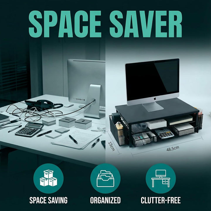 Monitorständer mit Schublade und Stifthalter für Schreibtisch, 2-stufiger Laptopständer aus Metall f