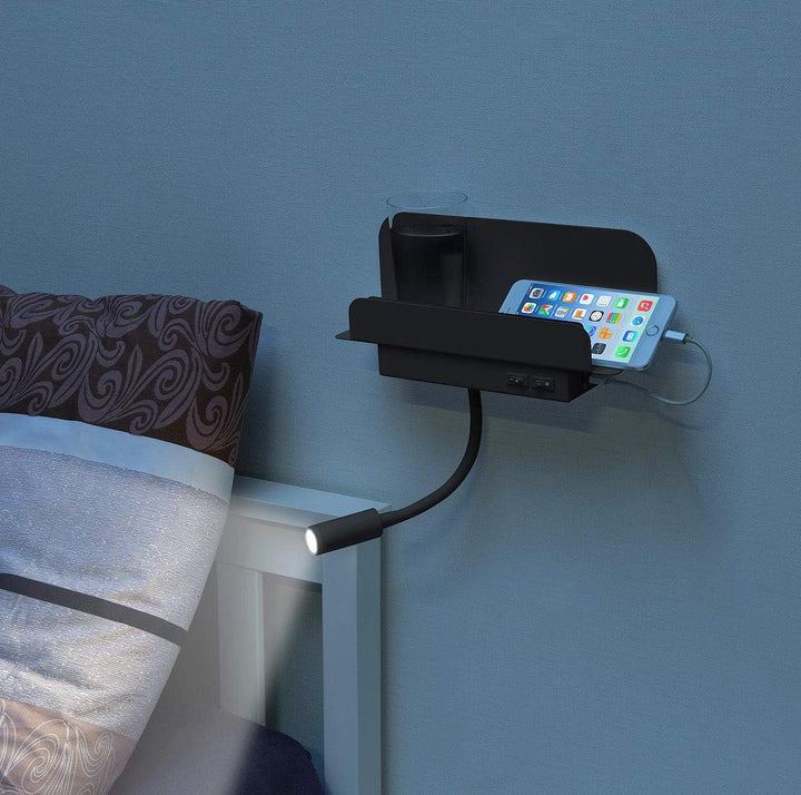 Carlo Milano Leselampe Bett: Wandregal mit Leselicht, Nachtlicht &amp; USB-Ladeport, 445 Lumen, schwarz