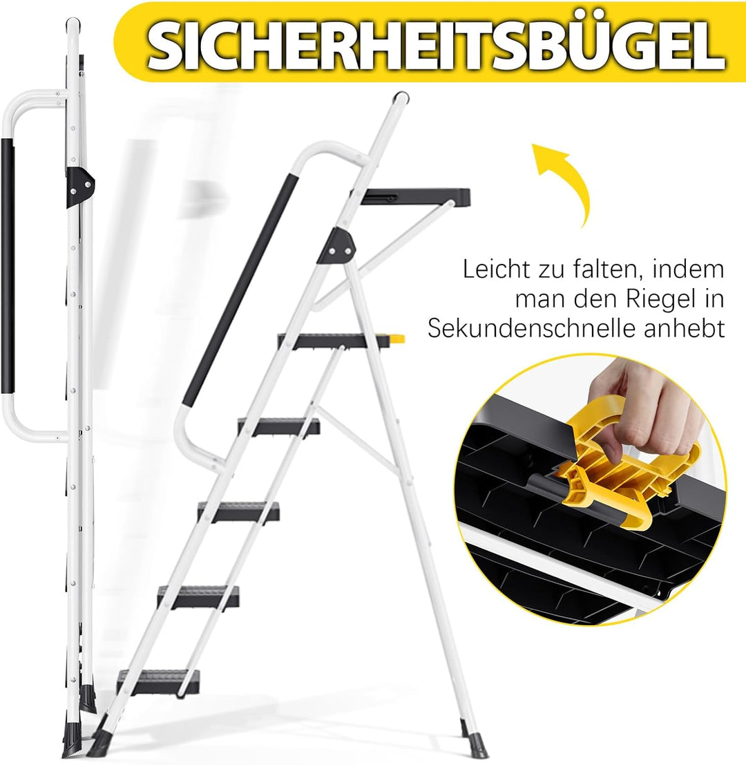 KINGRACK Trittleiter 5 Stufen klappbar, Leiter 5 Stufen 360 kg Tragfähigkeit, mit Werkzeugtray, Hand