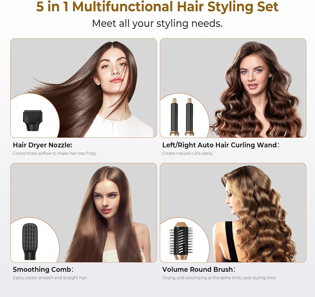 UKLISS Haarstyler 5 in 1, Warmluftbürste Set mit Rundbürstenföhn Airflow Lockenstab Automatisch Ther