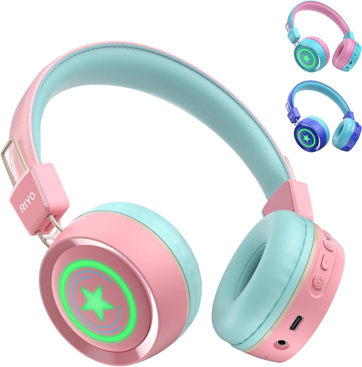 riyo Bluetooth Kopfhörer Kinder, Kinderkopfhörer Kabellos mit LED-Leuchten Bluetooth 5.0 Kinder Kopf