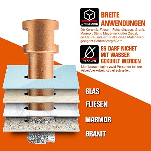 Diamantbohrer Lochsägen Set 20-27-35-55-68mm + 25mm Fingerfräser + HEX Adapter | 15mm Segmenthöhe |