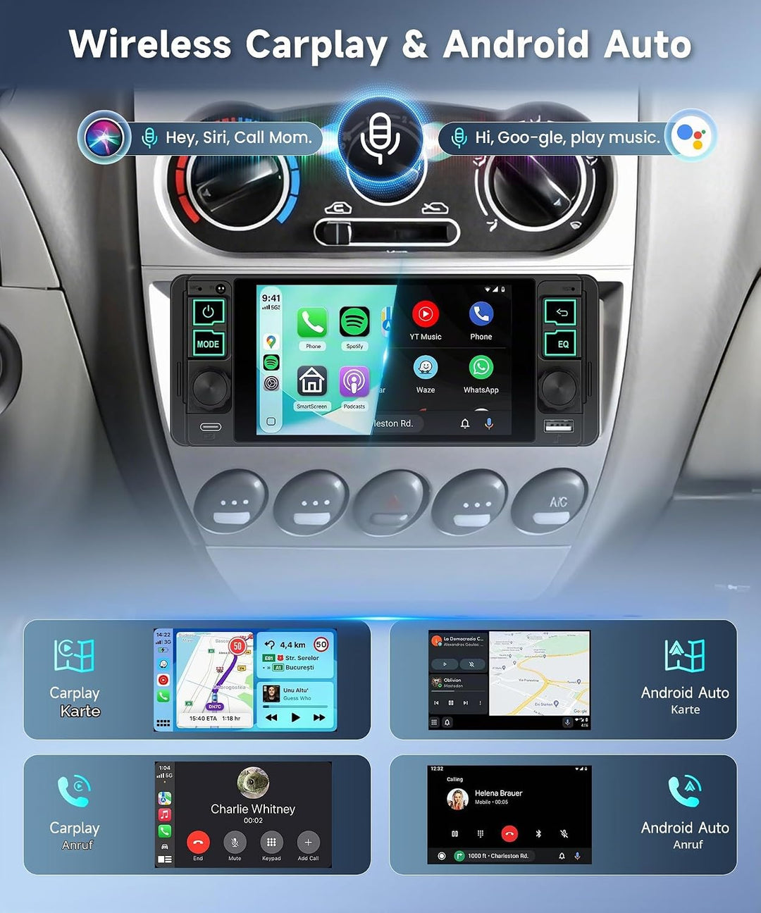 Hodozzy 1 Din Autoradio mit Drahtlos Carplay Android Auto, 5.1 Zoll In-Cell Bildschirm,Unterstützt B