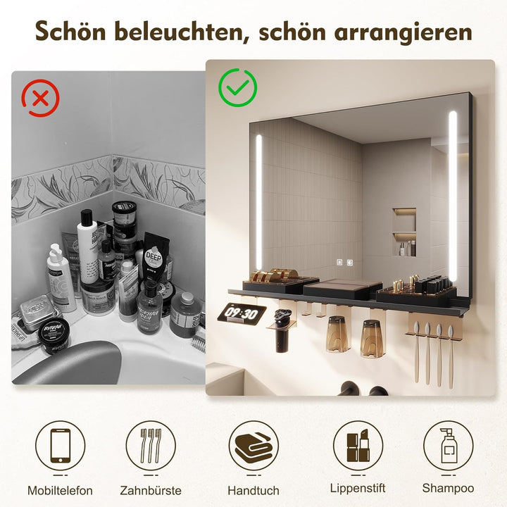 SONNI Badezimmerspiegel mit Beleuchtung 80x60 cm, LED Badspiegel mit Ablage 80cm, 3 einstellbare Lic