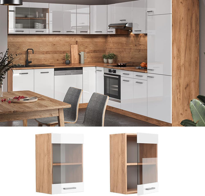 Vicco Küchenschrank Glas R-Line, Weiss Hochglanz/Goldkraft Eiche, 40 cm Weiss Hochglanz Hängeglassch