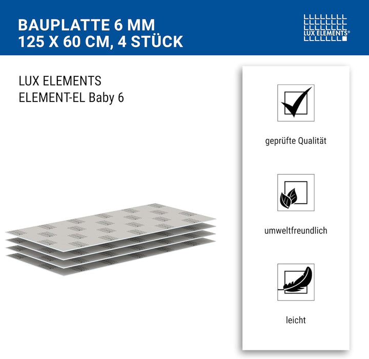 LUX ELEMENTS Bauplatte Fertig zum Verfliesen, 125 x 60 cm, 4 Stück (3 qm) LELEE4117, Grau, 6 mm Baup