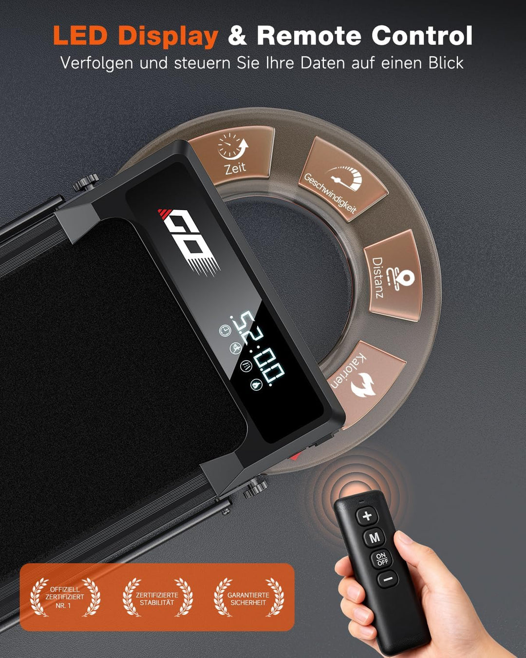 Walking Pad Laufband klappbar mit 9% Steigung und 1-10 km/h, leiser bürstenloser 3,0-PS-Motor, bis 1