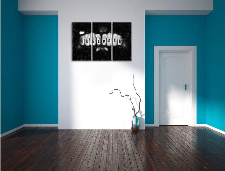 Pixxprint Love Hate Fäuste als Leinwandbild 3 teilig/Grösse: 3 Teilig (120x80) / Wandbild/Kunstdruck