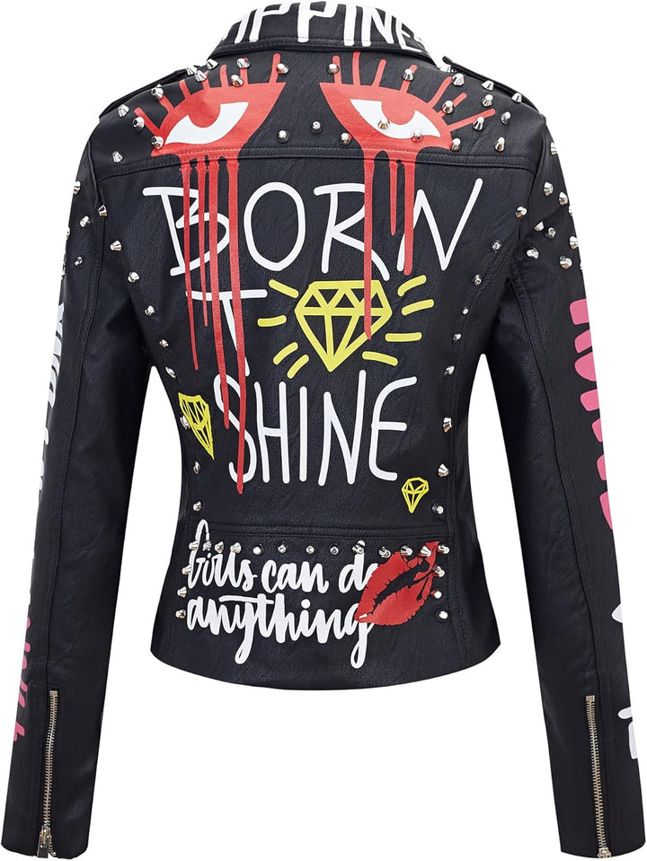 Giolshon Damen Kunstleder Jacke Nieten Floral Moto Biker Kurzer Revers Mantel M Schwarz, M Schwarz