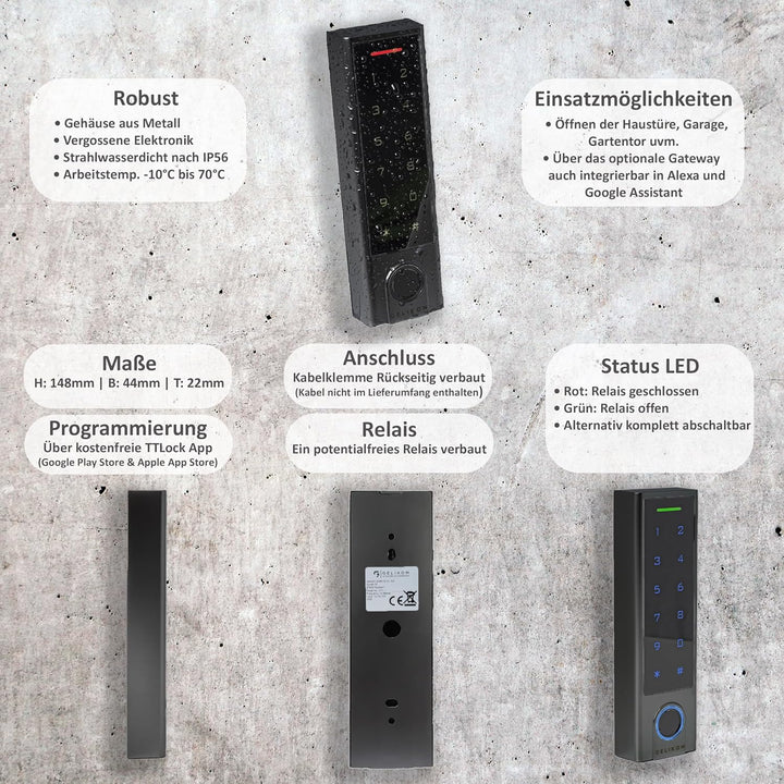 Smart Home Codeschloss mit Fingerprint, Fingerabdruck in Schwarz | 1 Relais | Codeschloss + Netzteil