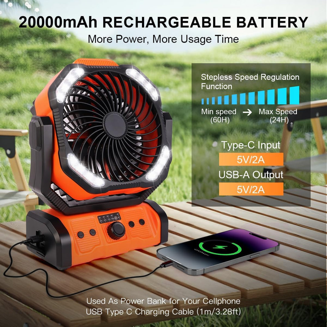 ELZO 20000mAh Camping Ventilator, Wiederaufladbarer Tischventilator USB Ventilator mit LED Licht &amp; H