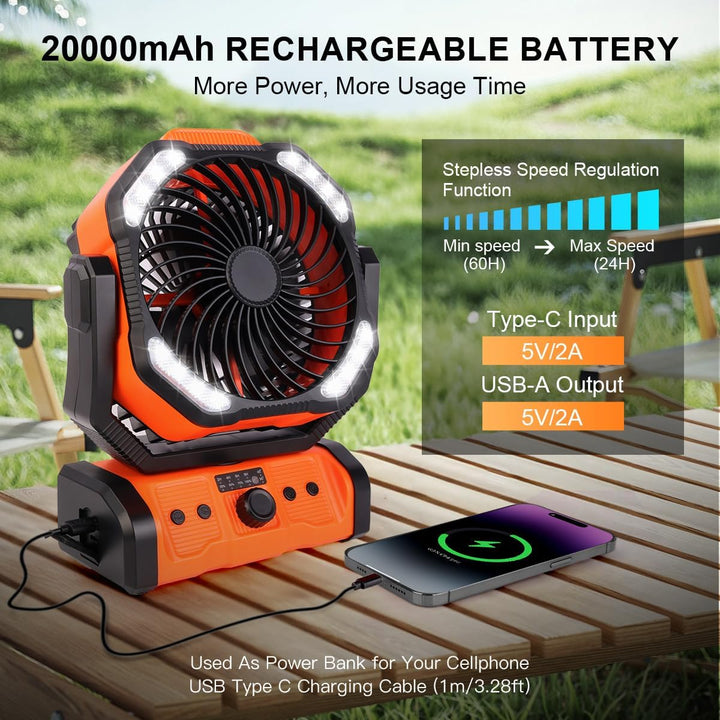 ELZO 20000mAh Camping Ventilator, Wiederaufladbarer Tischventilator USB Ventilator mit LED Licht &amp; H