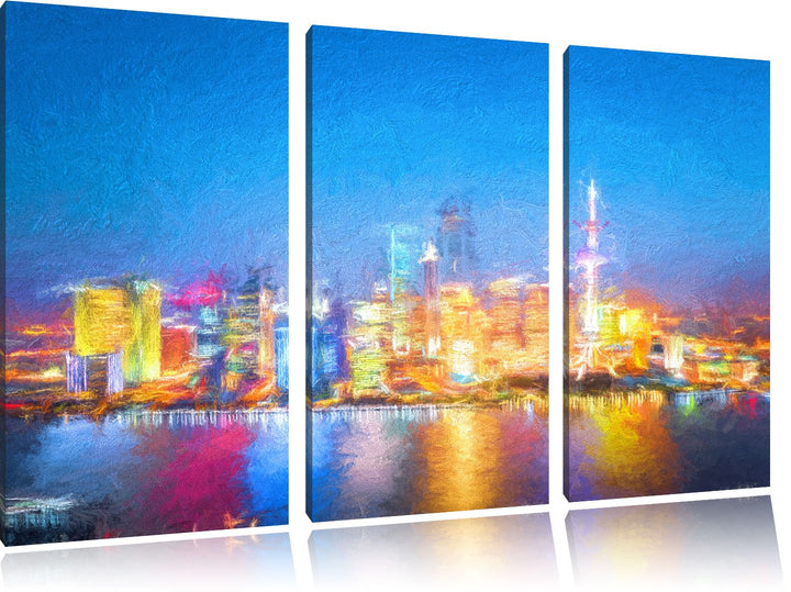 Pixxprint Skyline von Shanghai Bunstift Effekt 3-Teiler Leinwandbild 120x80 Bild auf Leinwand