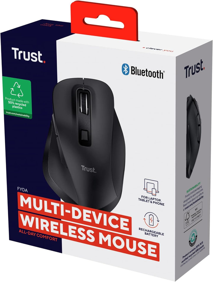 Trust Fyda Aufladbare Kabellose Maus Bluetooth + 2.4GHz, Ergonomische Daumenauflage, 50% Recyclingku
