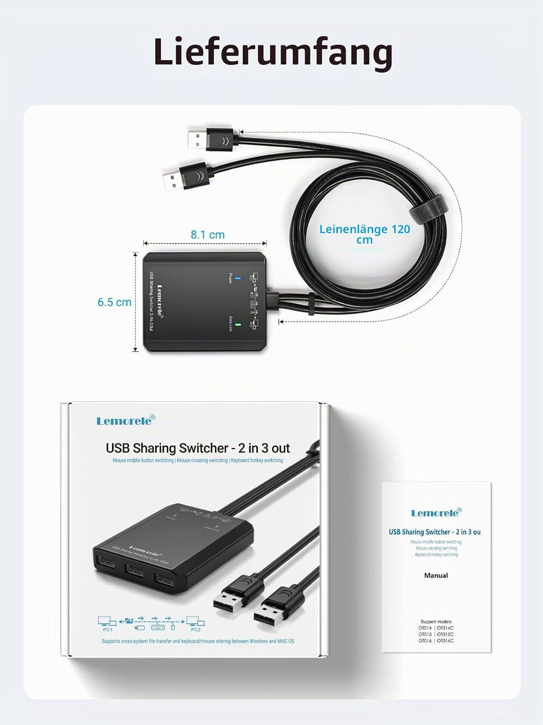 USB Switch Adapter, Lemorele 3 Ports USB Share USB Switch für 2 PCs, 2 In 3 Out USB KVM Switch Hub m