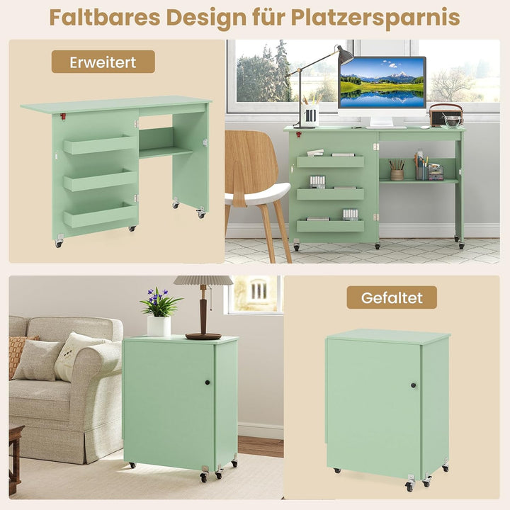 COSTWAY 2 in 1 Nähtisch klappbar, Nähmaschinenschrank Holz mit Regalen &amp; Ablagefach, Nähschrank mit