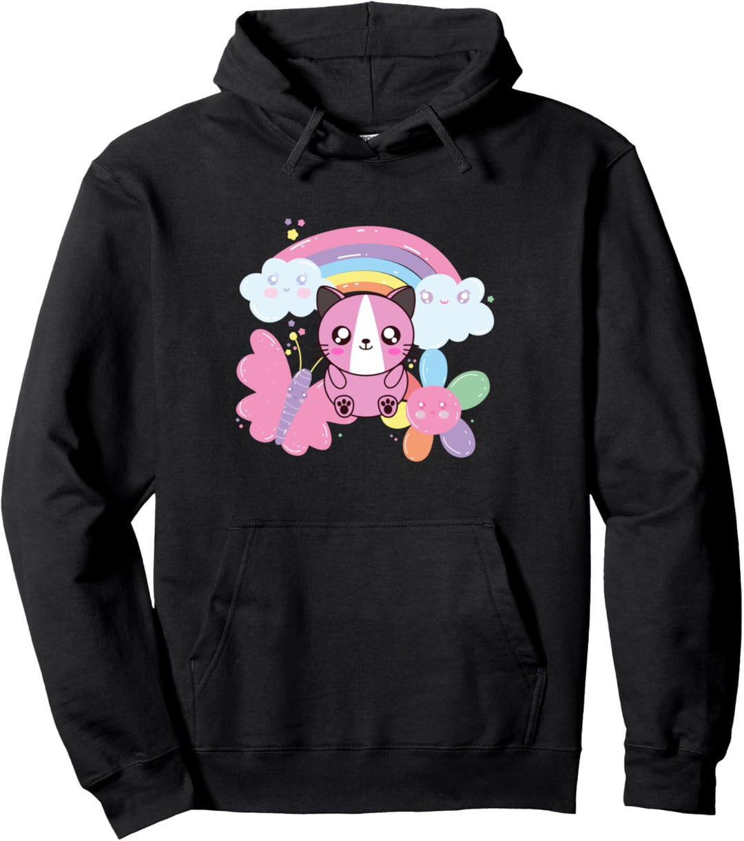 Japanische Kawaii Katze Regenbogen Schmetterling Blume Pullover Hoodie