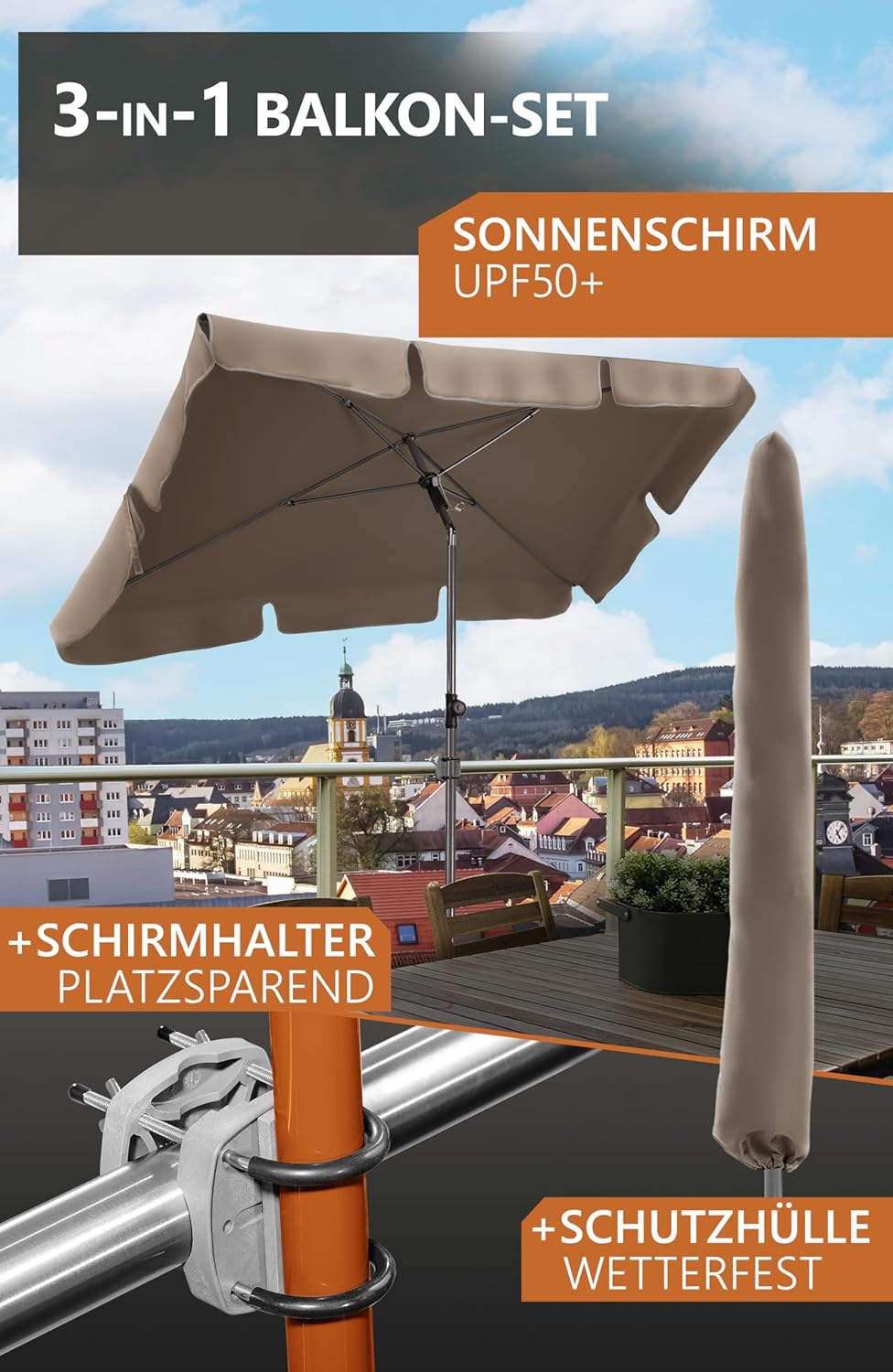 4smile Sonnenschirm Balkon SunnyShade - Sonnenschutz Balkon 3-in-1 SET, Taupe - UPF 50+ Sonnenschirm