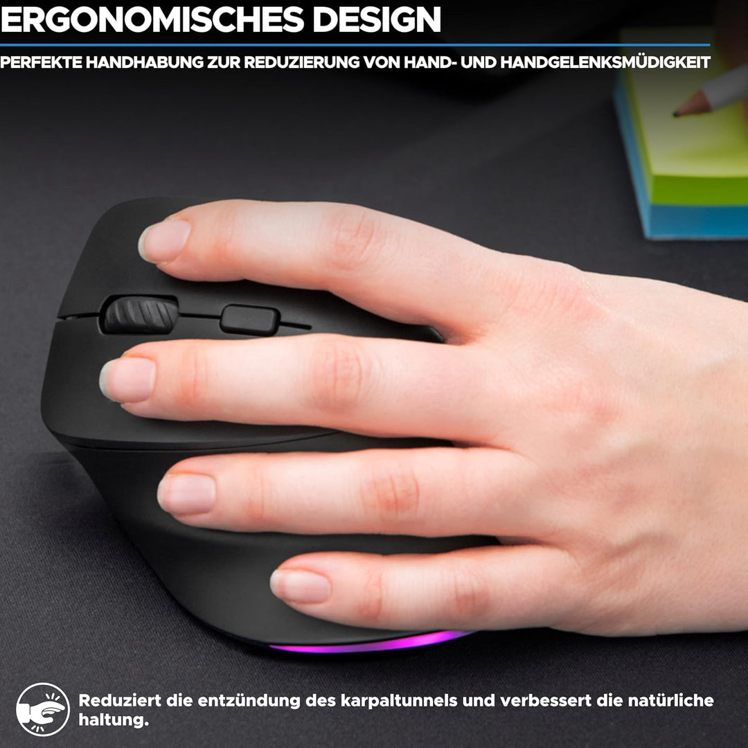 Bluestork - Ergonomische Vertikale Kabellose Maus 4800 DPI RGB Links | Kabellos 2.4GHz &amp; Bluetooth,