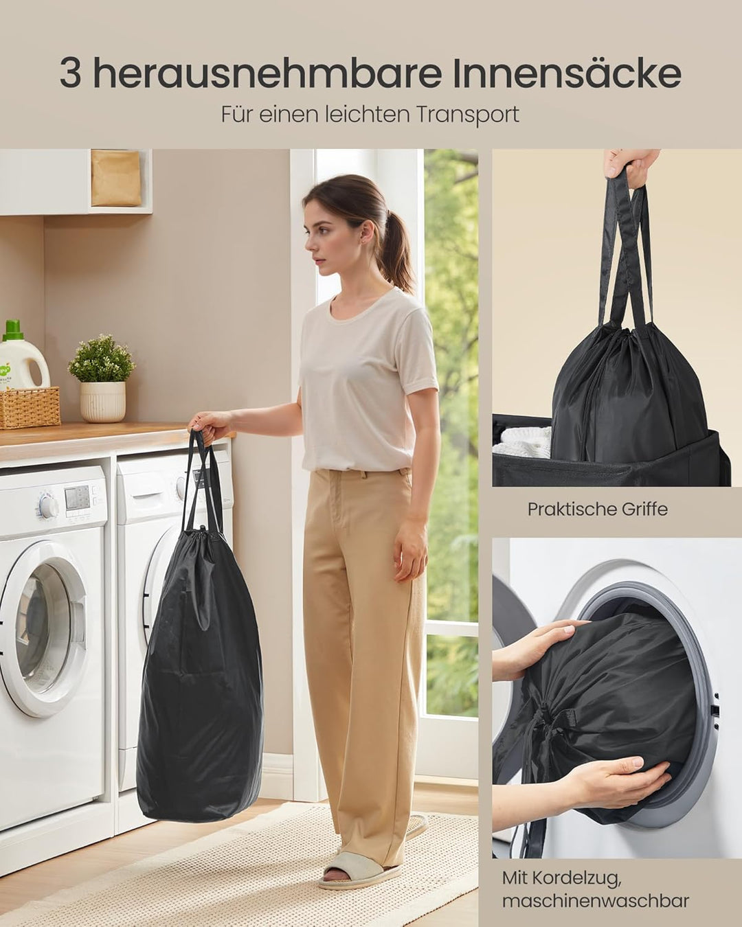 SONGMICS Wäschekorb mit 3 Fächern, 160 L, mit Deckel, 5 Etiketten, herausnehmbarer und waschbarer In