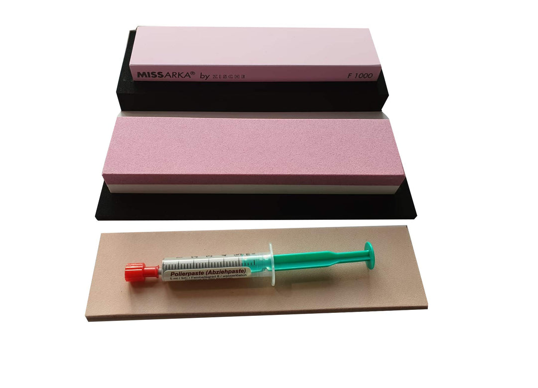 Schärf-Set für Messer/Abziehstein Korund + MissArkaUltra + Leder + Feinschleifpaste, mit rutschfeste
