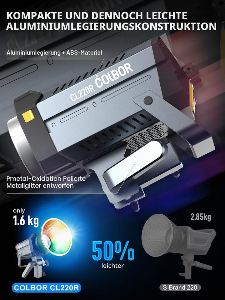Videoleuchte, Colbor CL220R RGB 220W Dauerlicht mit M/G Balance 2700-6500K CRI96+ Bowens Mount Light