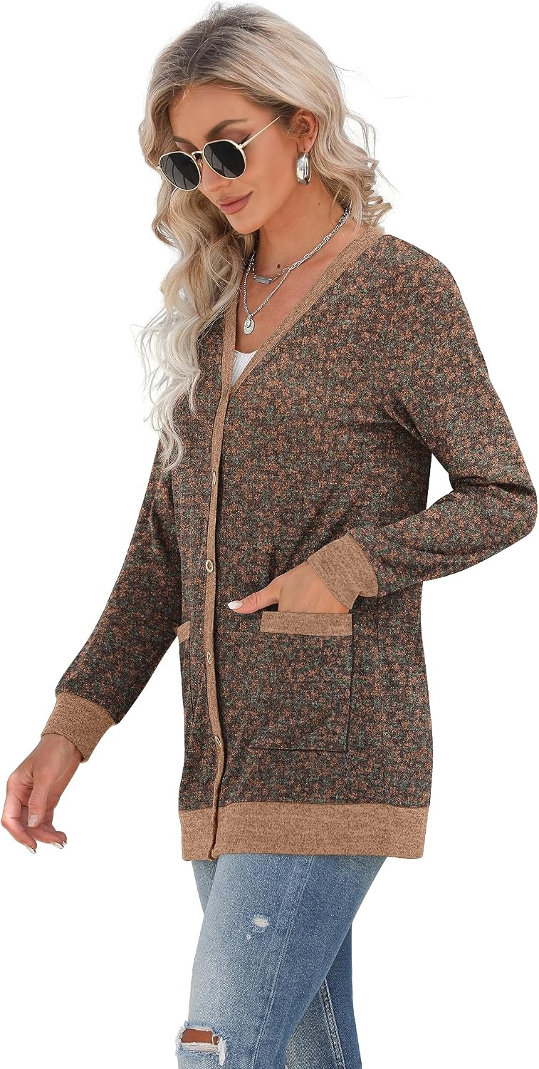 GRECERELLE Damen Lang Strickjacke Herbst Leichte mit Taschen und Knöpfen Weiche Long Elegant Gerippt