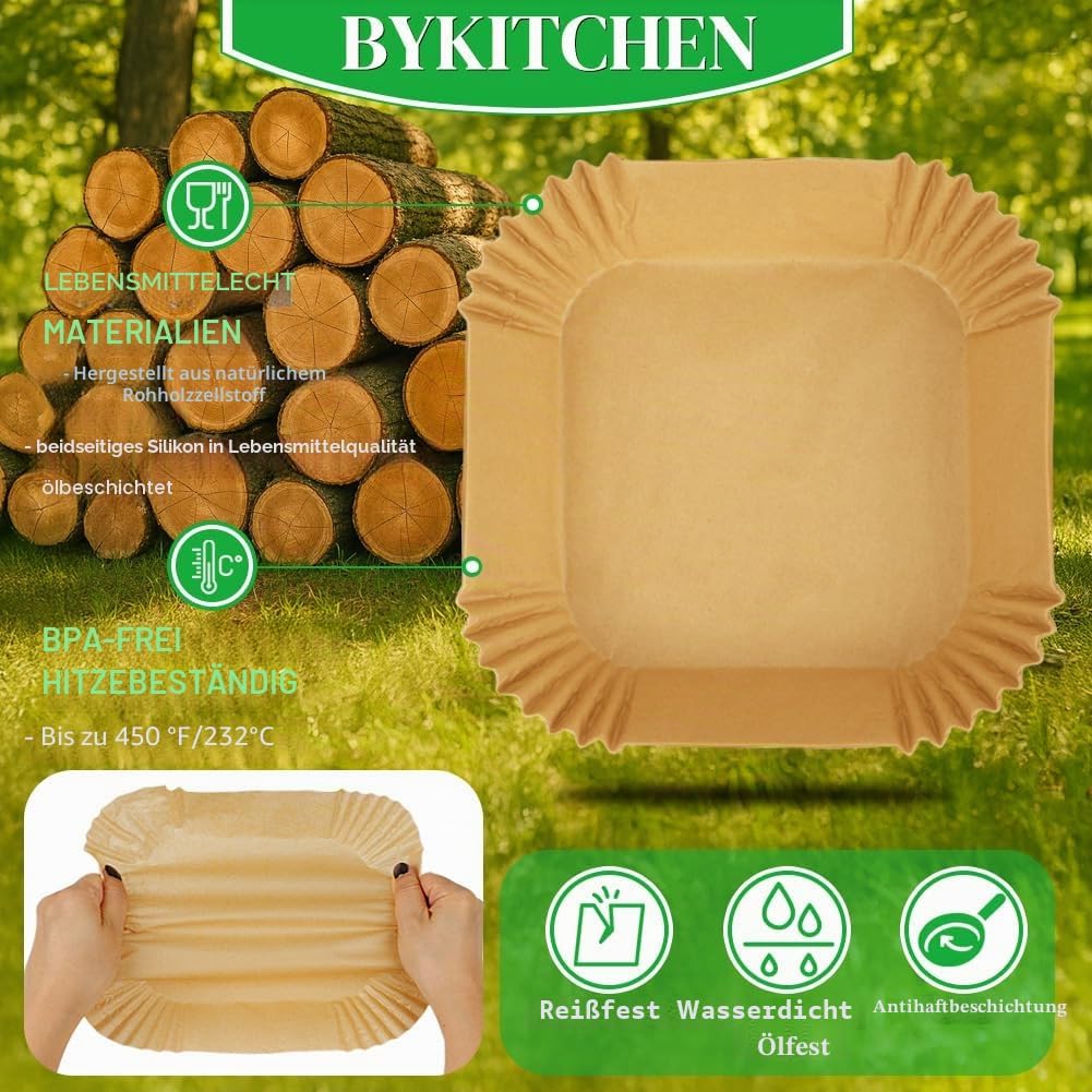 BYKITCHEN 100 Stück Airfryer Backpapier für Philips 6.2L/COSORI 5.5L,6L,6.2L, 20cm-24cm, Heissluftfr