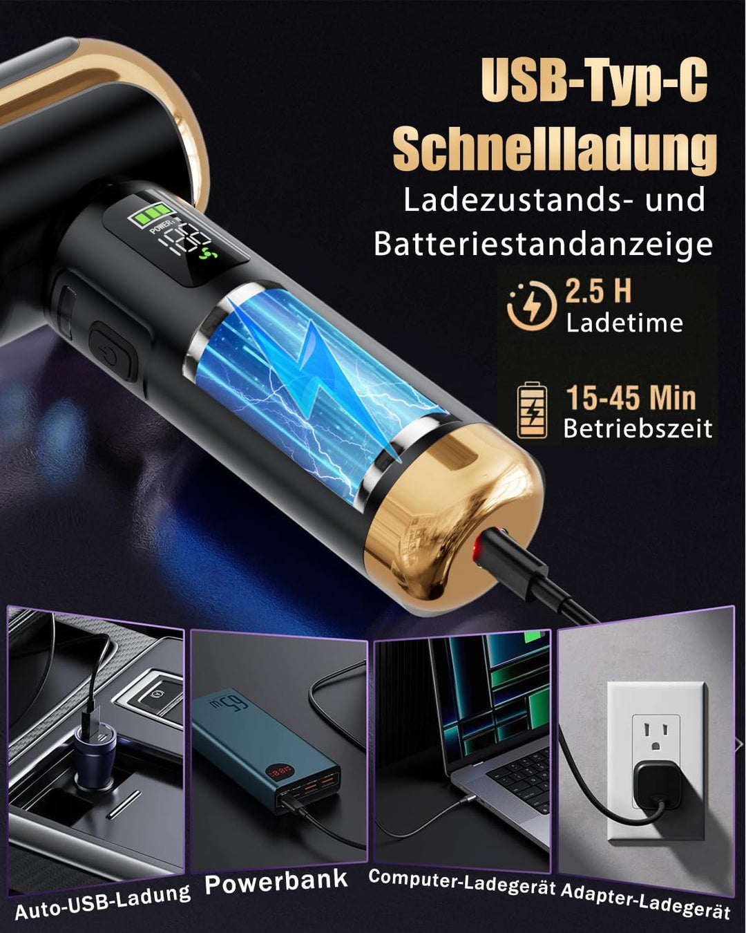 Handstaubsauger Akku Kabellos, Autostaubsauger 27000Pa Mini Staubsauger, Aufladbar Tragbar Leicht Au