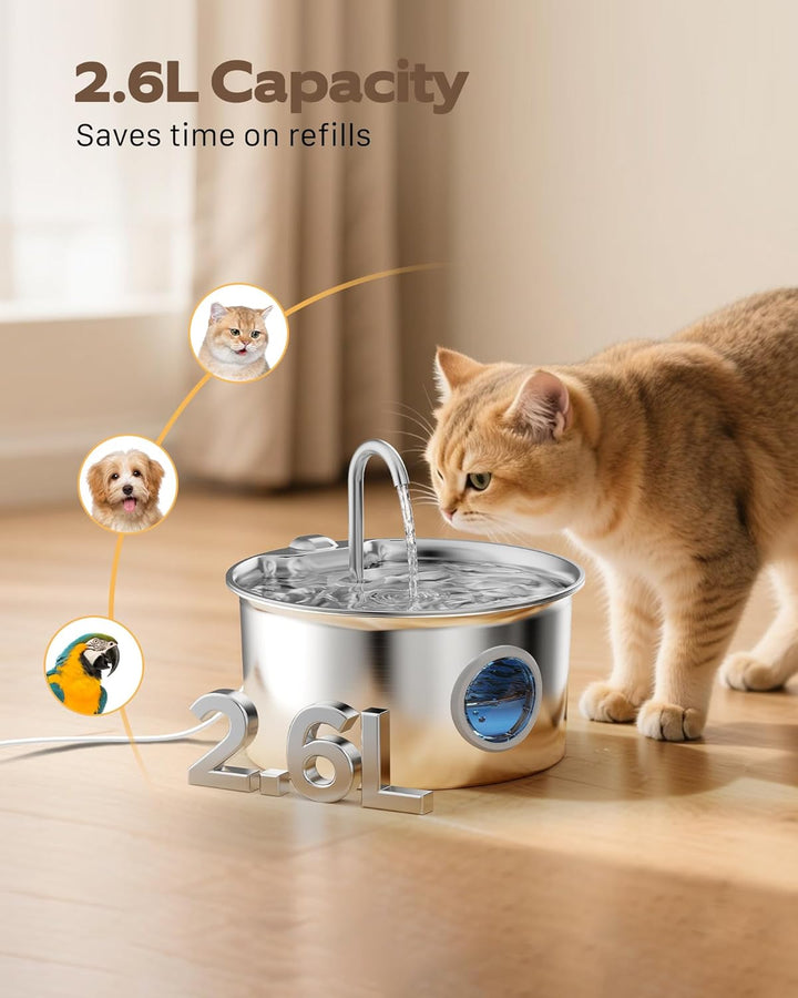 Katzenbrunnen Edelstahl Trinkbrunnen Katze: 2.6L Katzen Wasserbrunnen Leise mit Wasserstandsfenster