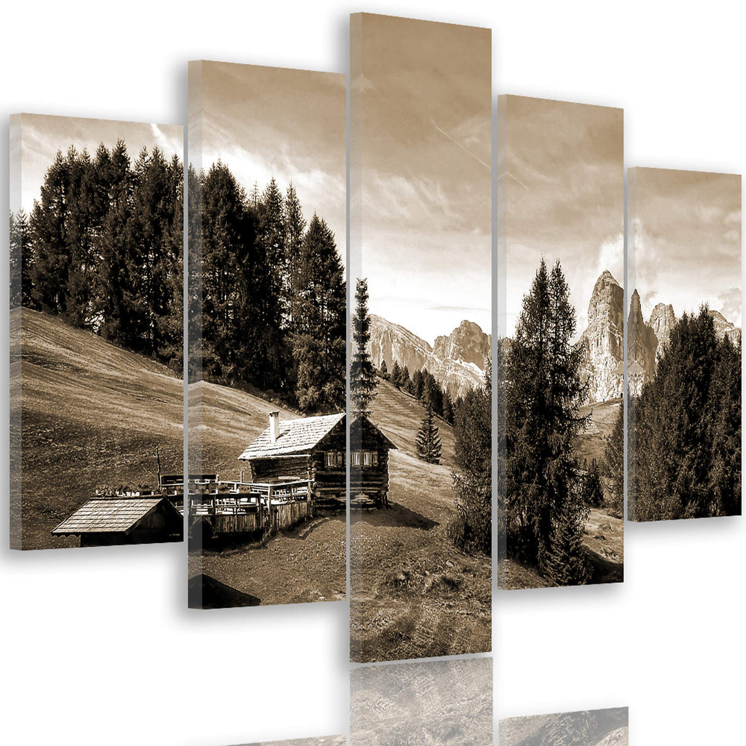 Feeby Bilder Berge 300x140 cm - Leinwandbild 5 Teilig XXL Kunstdruck Hütte Bäume Sepia Leinwandbild