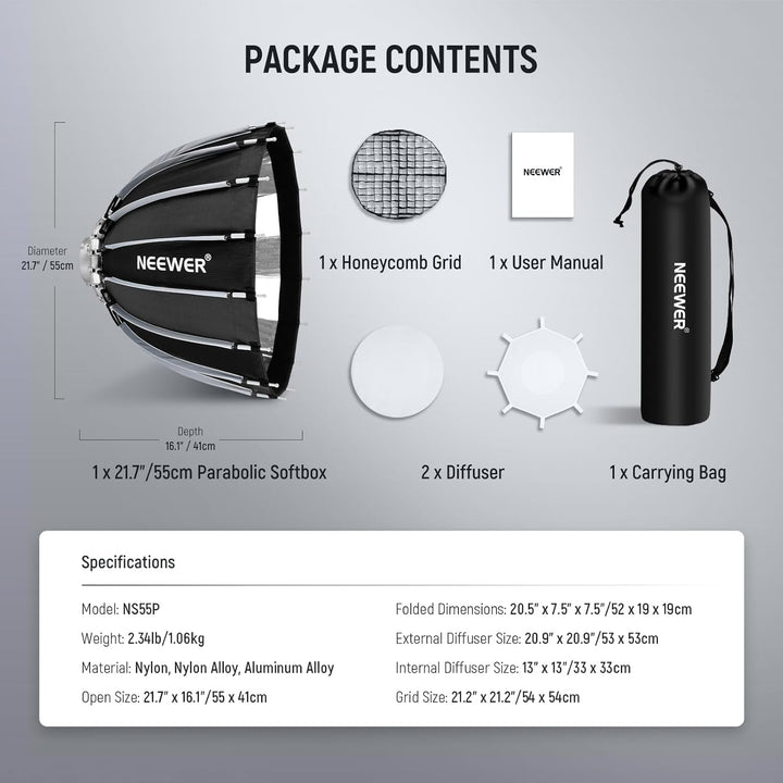 NEEWER 21,7"/55cm Softbox Parabolic Bowens Mount, Schnellwechsel mit Diffusoren/Gitter/Tasche für Vi