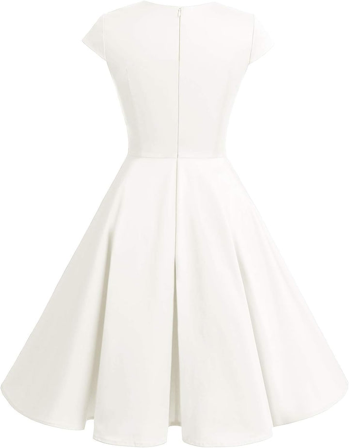 Bbonlinedress 1950er Vintage Retro Cocktailkleid Rockabilly V-Ausschnitt Faltenrock XL White (Creme)