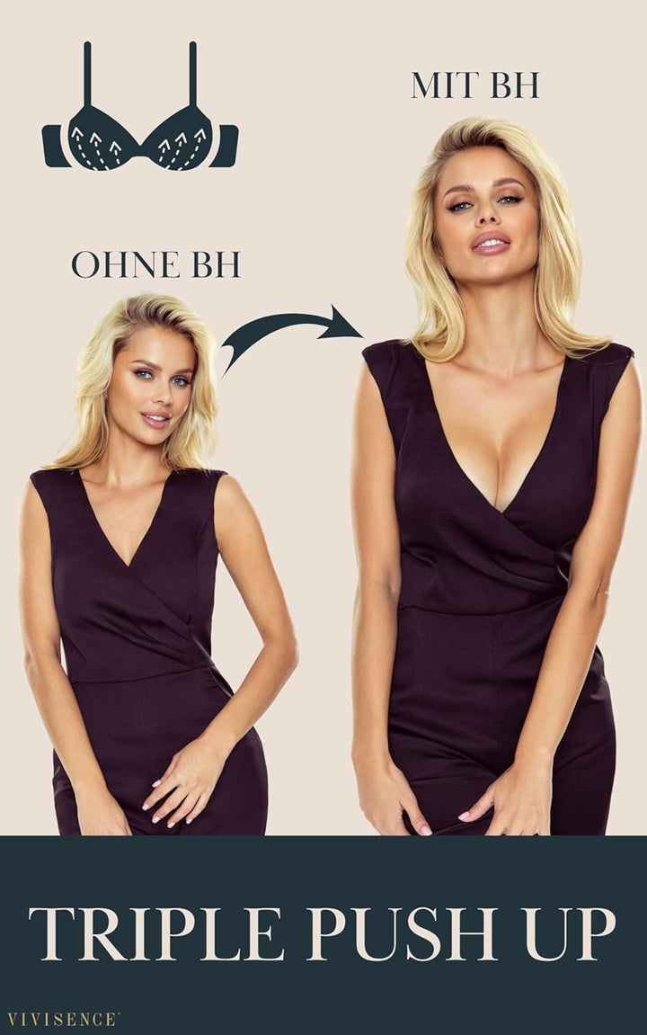 VIVISENCE Damen Push-Up BH Gepolsterte Schalen Klassisch Elegant Spitze Netz 1041 70B Hellbeige, 70B