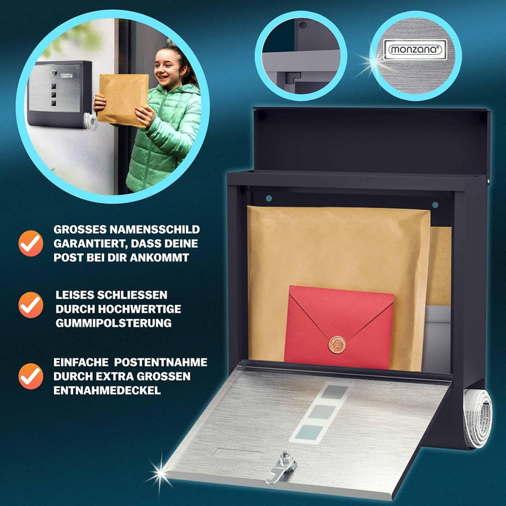 MONZANA® Design Briefkasten Edelstahl mit Zeitungsfach Sichtfenster Namensschild drehbare Abdeckung