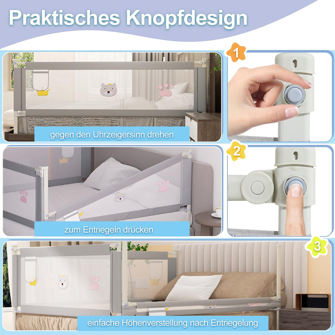 Ikodm Bettgitter 200cm Bettschutzgitter Kinderbettgitter, Rausfallschutz, Kinderbettschutzgitter für