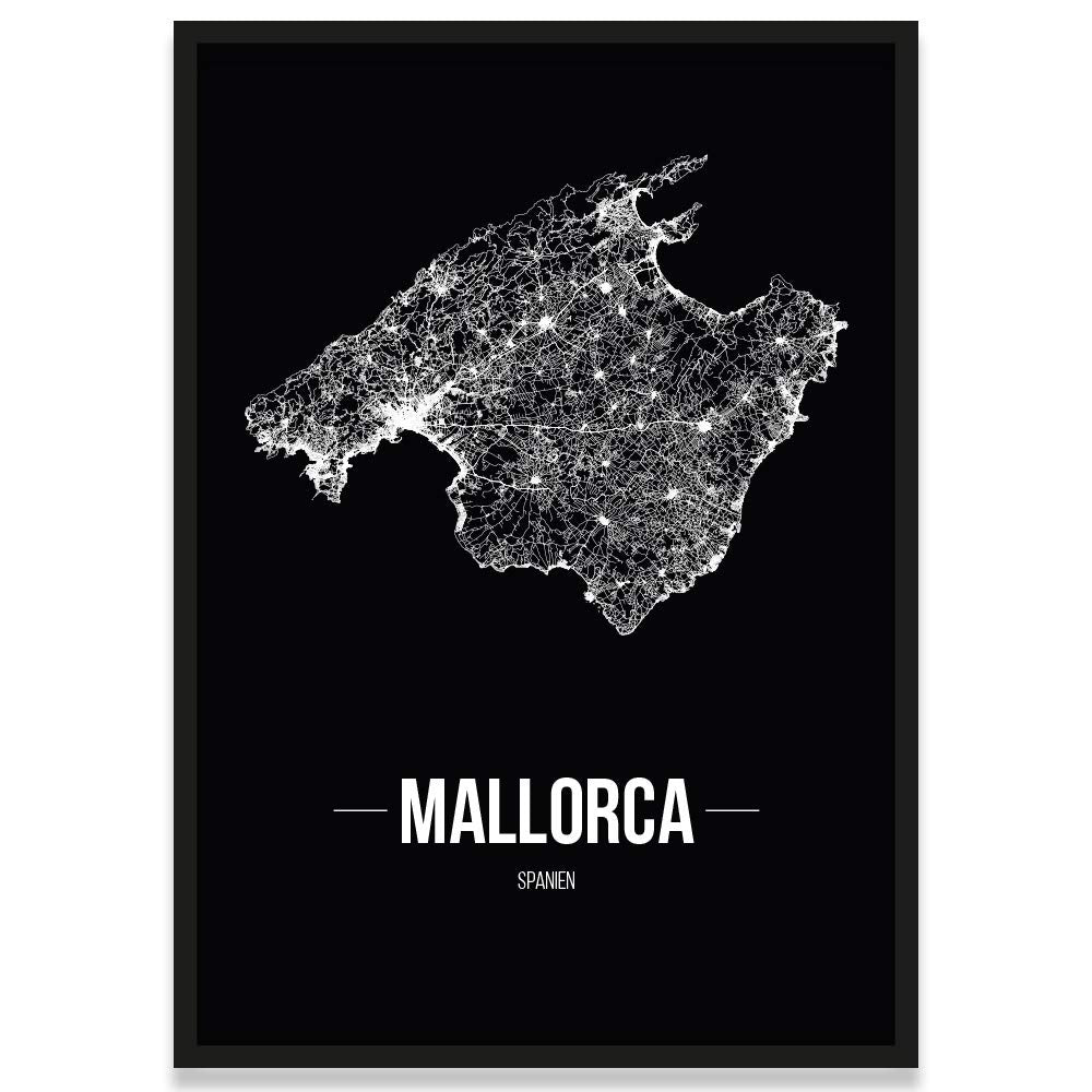 JUNIWORDS Stadtposter, Mallorca, Wähle eine Grösse, 30 x 40 cm, Poster mit Rahmen, Schrift B, Schwar