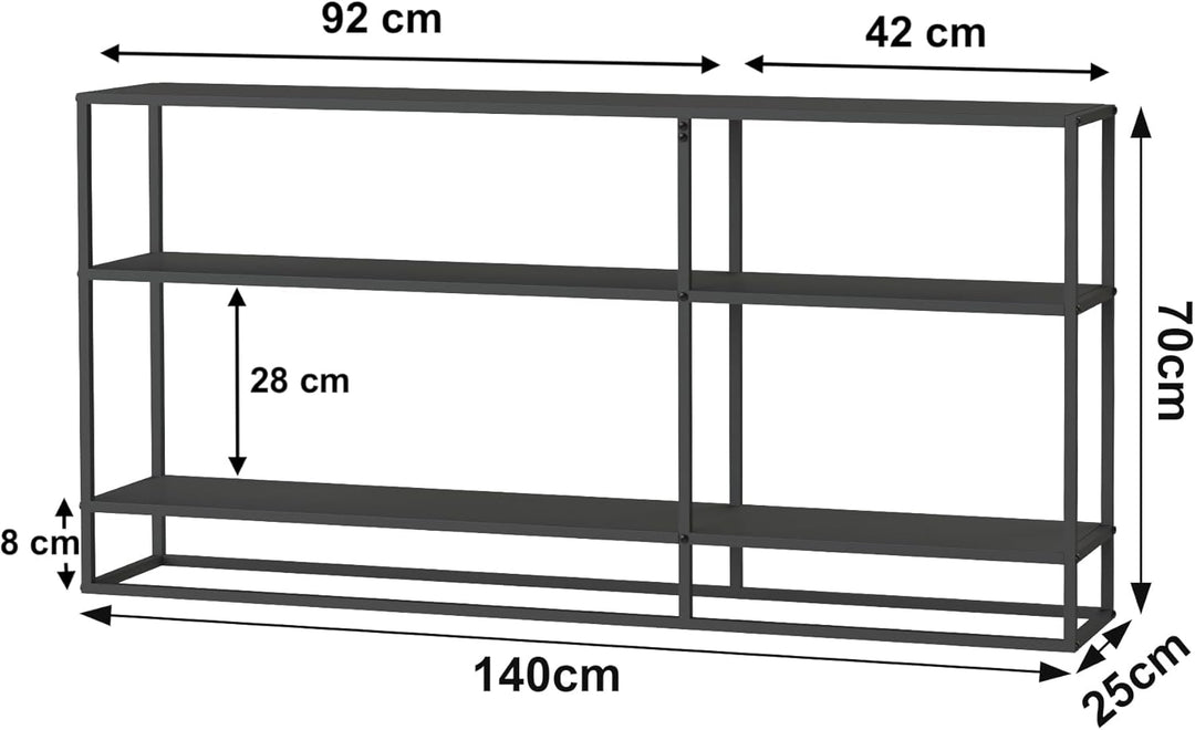 DanDiBo Konsolentisch Metall Schwarz Schmal mit 3 Ebenen Modern 140x70x25 cm Regal Stehend Standrega