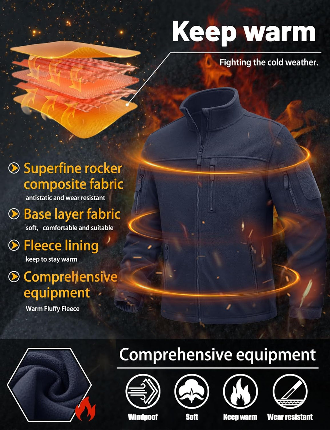 TACVASEN Herren Militär Outdoor Fleecejacke Warme Taktische Jacke Fleece Jacket, S Schwarzblau
