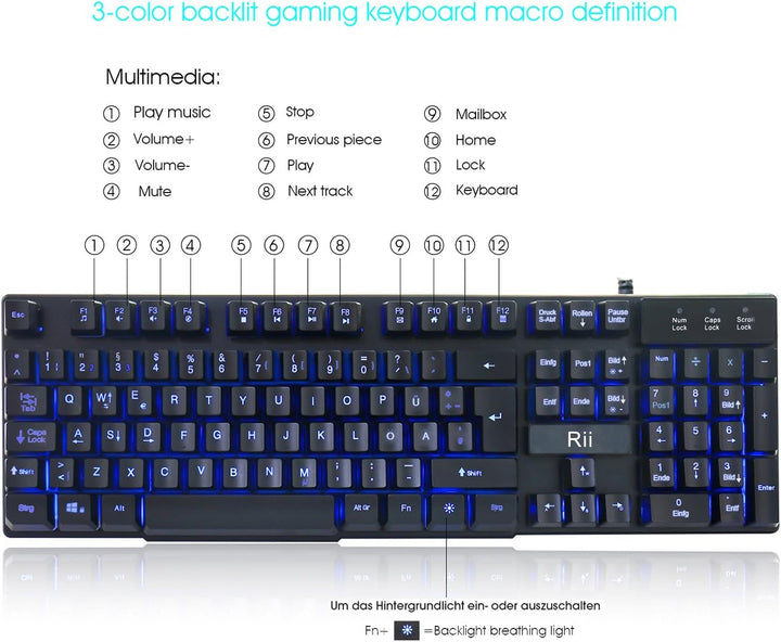 Rii RK100 Gaming Tastatur (105 Tasten, 3 Farben LED-Hintergrundbeleuchtung, QWERTZ Layout) Schwarz