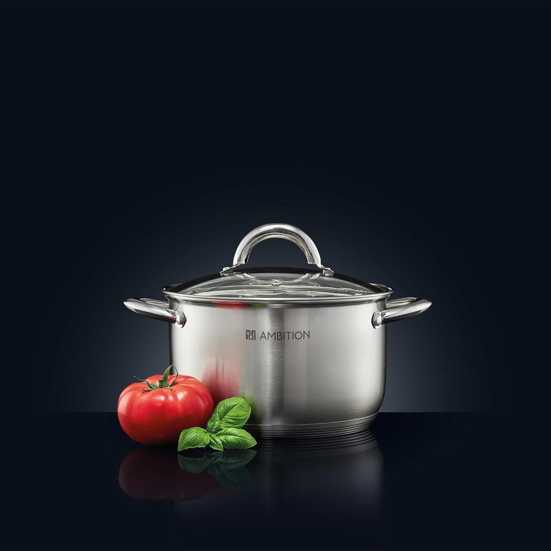 AMBITION Kochtopf mit Glasdeckel 20 cm Solar 3,5 l Edelstahltopf Induktion alle Herdarten Innenskala