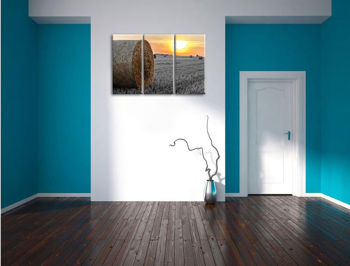 Pixxprint Strohballen auf Feld als Leinwandbild/Grösse: 3 Teilig (120x80) cm/Wandbild/Kunstdruck/fer
