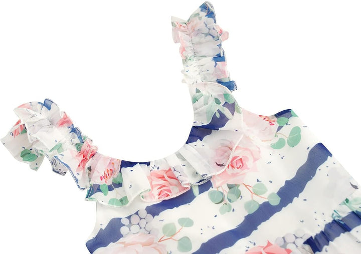 BONNY BILLY Mädchen Kleider Freizeit Blumen Sommerkleid Strandkleid Chiffonkleid Maxikleid mit Rüsch