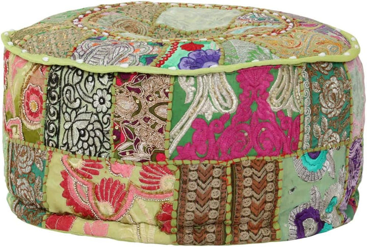 Patchwork-Fusshocker mit Exquisiten Stickereien Besetzt, Handgefertigt Patchwork Rund Puffhocker Fus