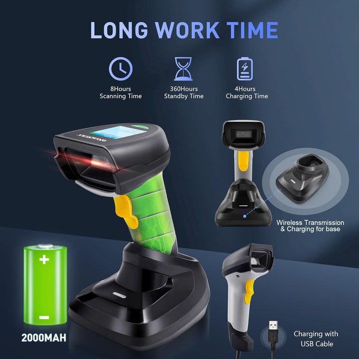 2D Barcode Scanner Wireless, QR Code Scanner Handheld Barcode Scanner with Base 2 in 1 USB Wired Con